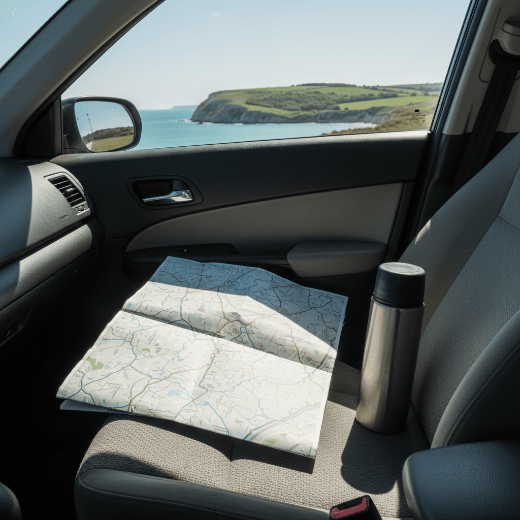 Driving route map on a car passenger seat with a thermos flask beside it.