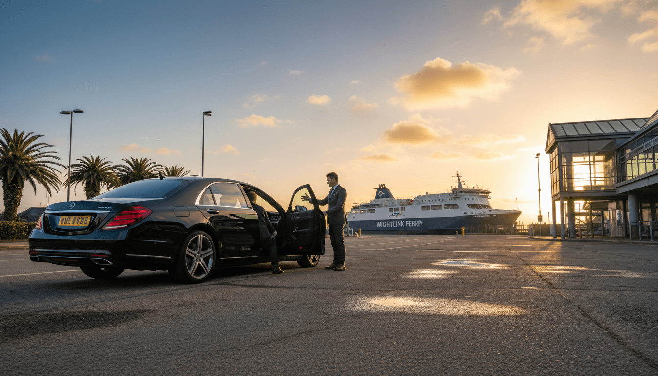 Black private hire car waiting at a ferry terminal on the Isle of Wight with a ferry visible in the background