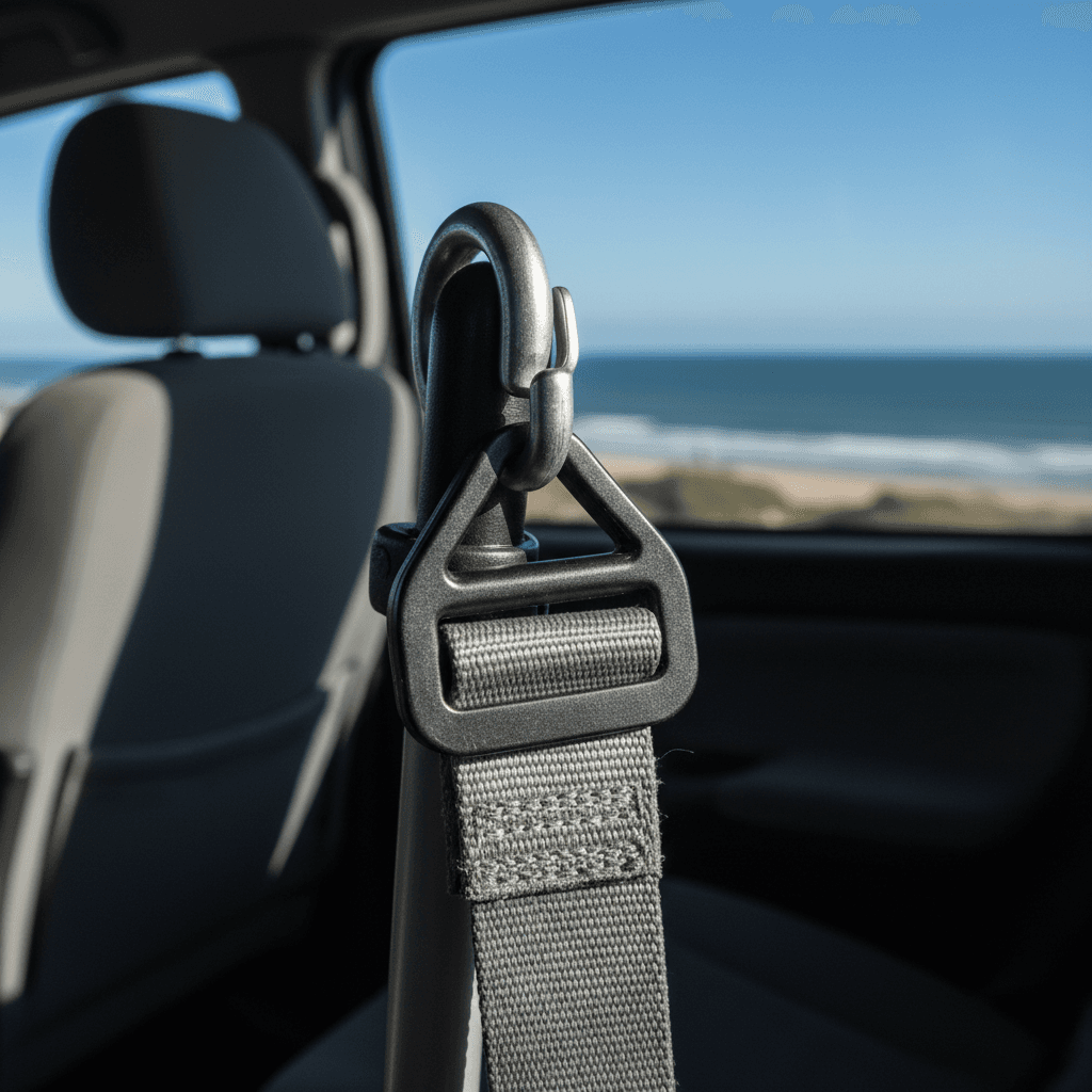 Close-up of a wheelchair tie-down strap secured inside a vehicle on the Isle of Wight