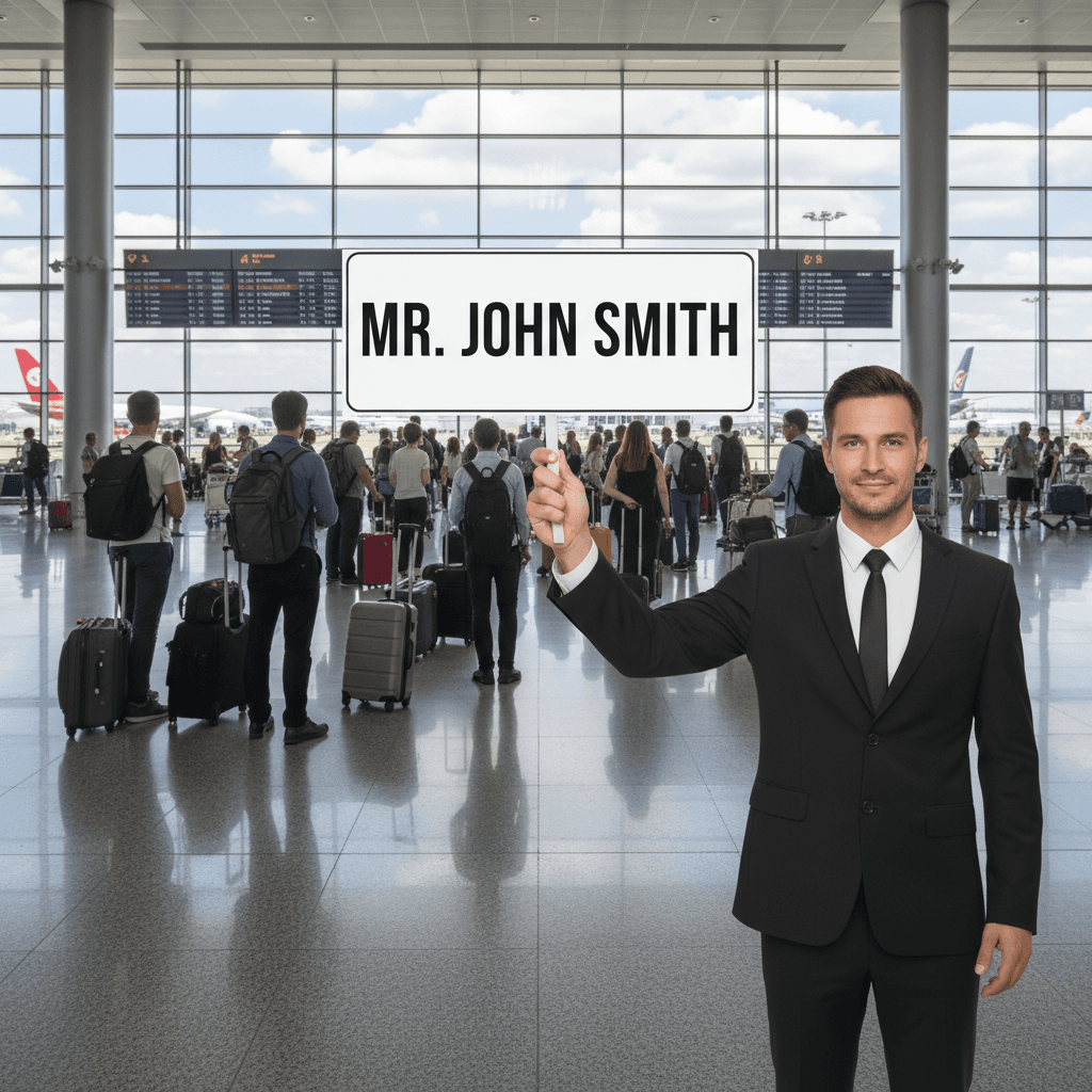 Driver holding a sign at an airport arrivals terminal