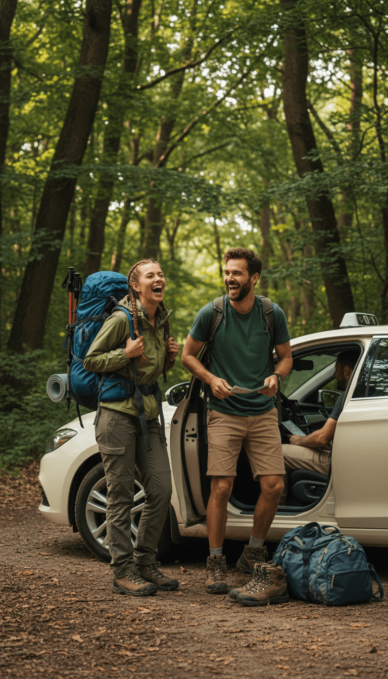 Friends with hiking gear getting out of a taxi at a forest trail
