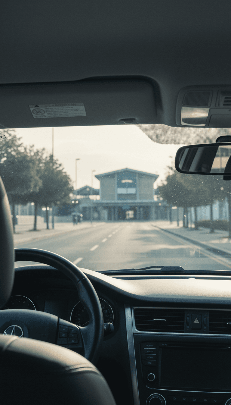 View from inside a car approaching a railway station