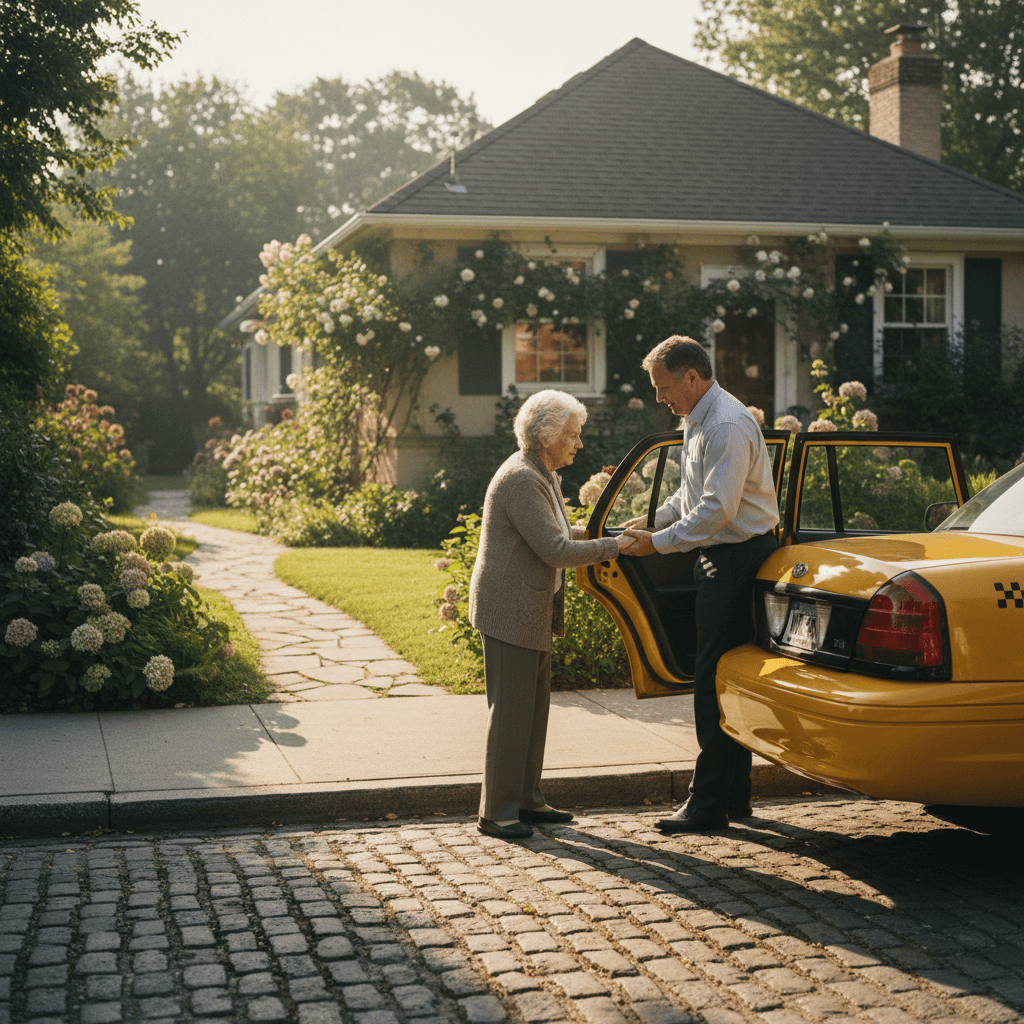 Driver helping an elderly passenger into a taxi outside a bungalow