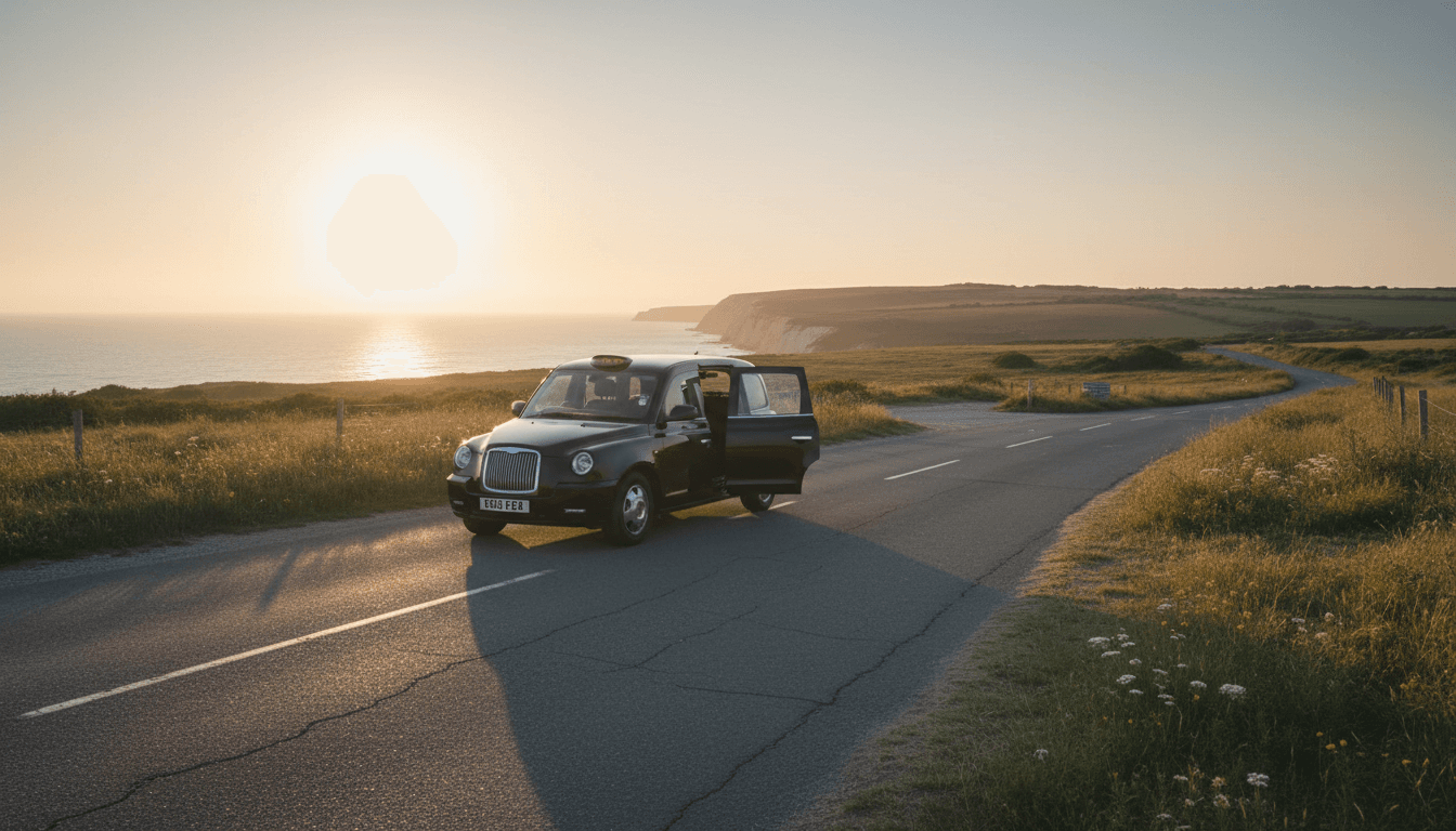 Black taxi on a coastal road at sunset on the Isle of Wight