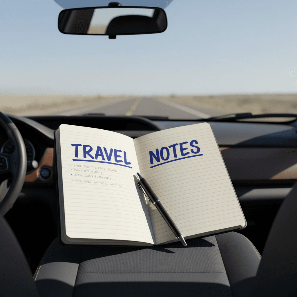 Notebook and pen sitting on a car seat before a journey