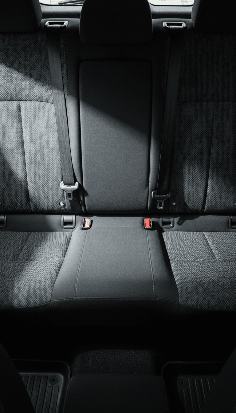 Clean rear seat upholstery with seatbelts arranged