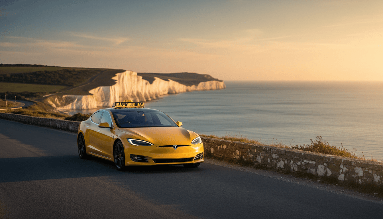 WightRides taxi parked on a scenic coastal road on the Isle of Wight at sunset