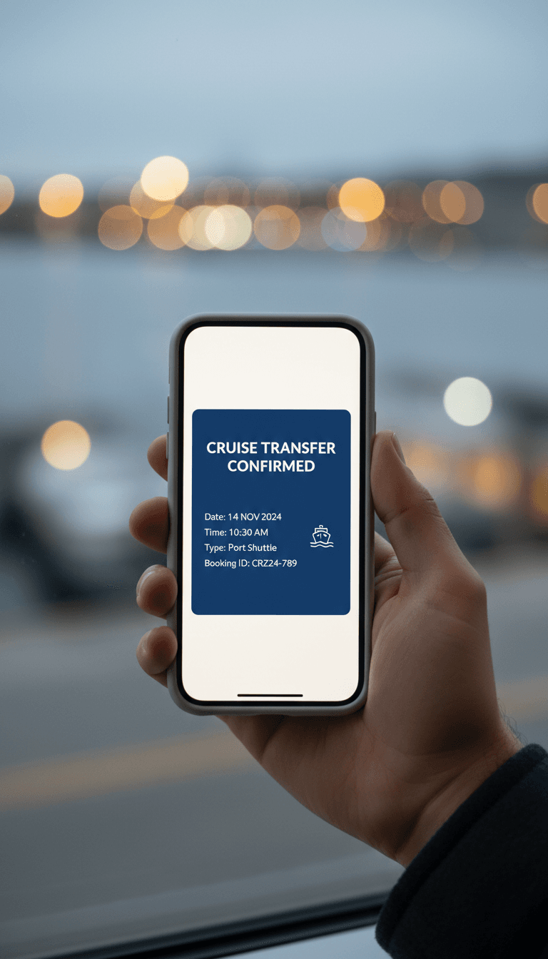 Mobile phone screen showing a confirmed cruise terminal transfer booking