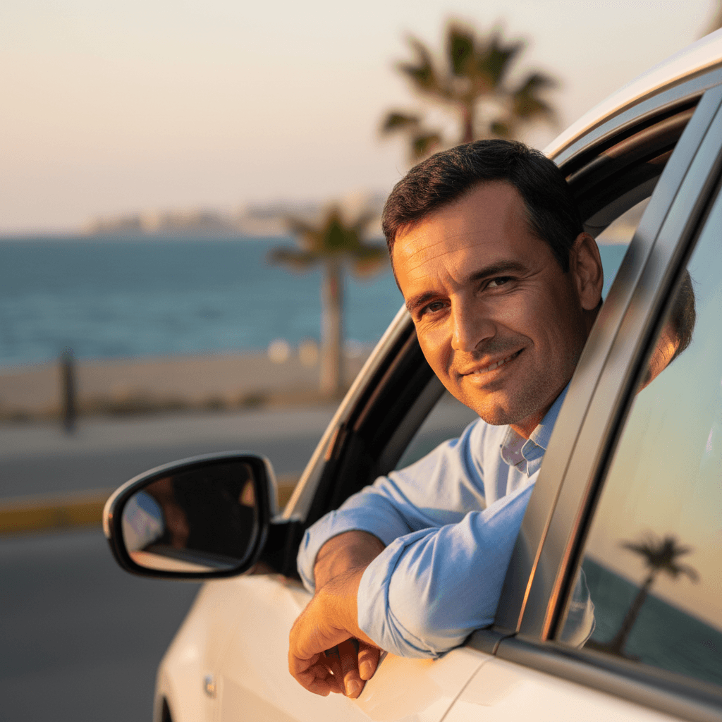 Driver smiling through an open car window with coastal background.