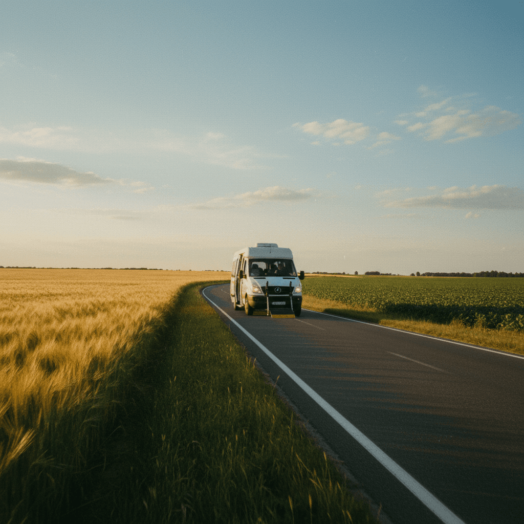 Wheelchair-accessible vehicle driving on a country road on the Isle of Wight