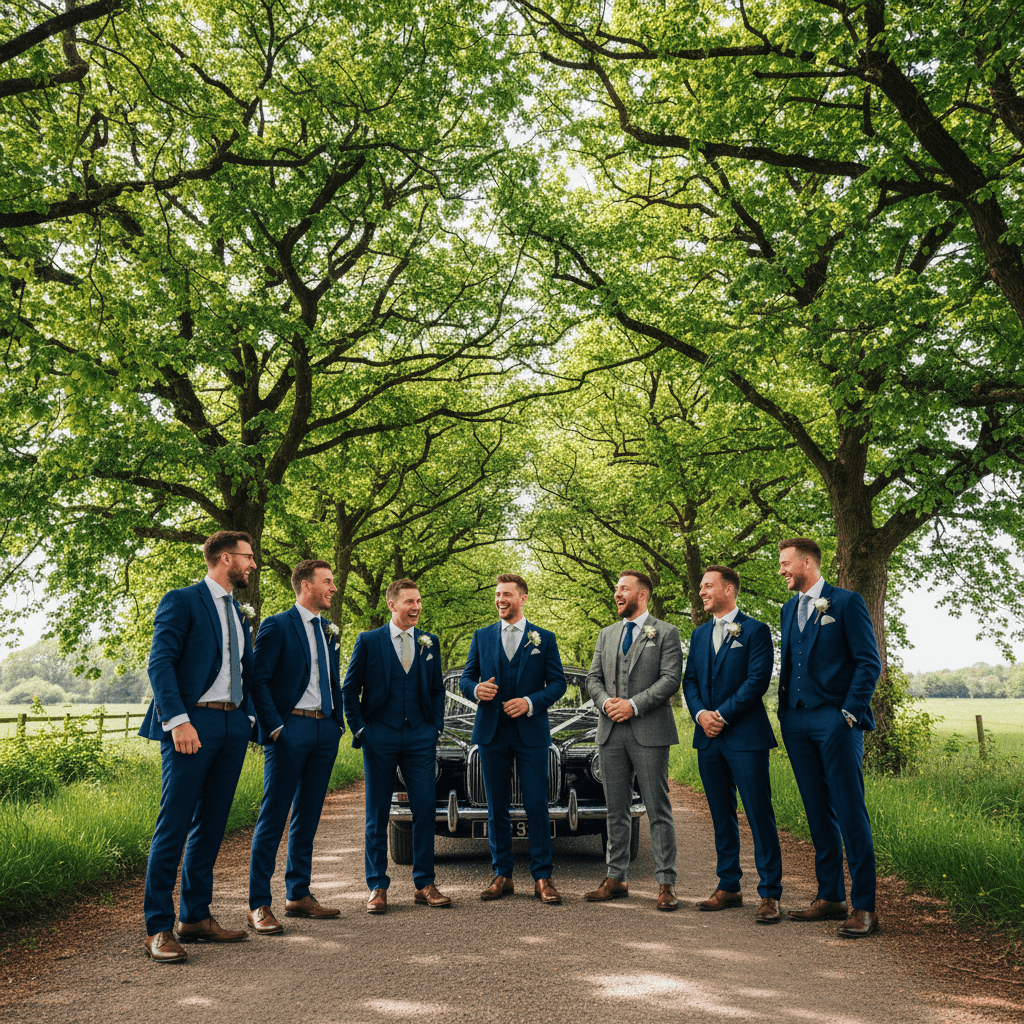 Groom and groomsmen waiting by a car on a country lane