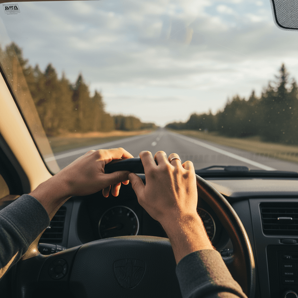 Driver's hands on a steering wheel with the open road visible through the windshield