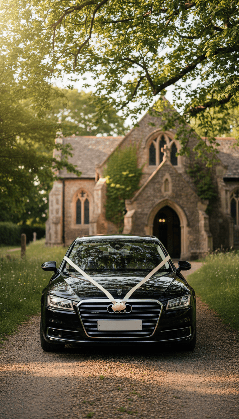 Black saloon car parked outside a stone church on the Isle of Wight