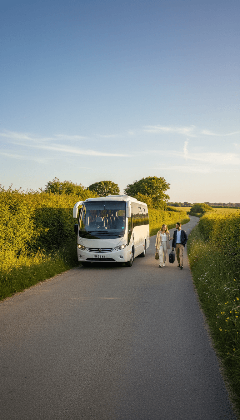 Modern minibus on a country lane for wedding guest transport
