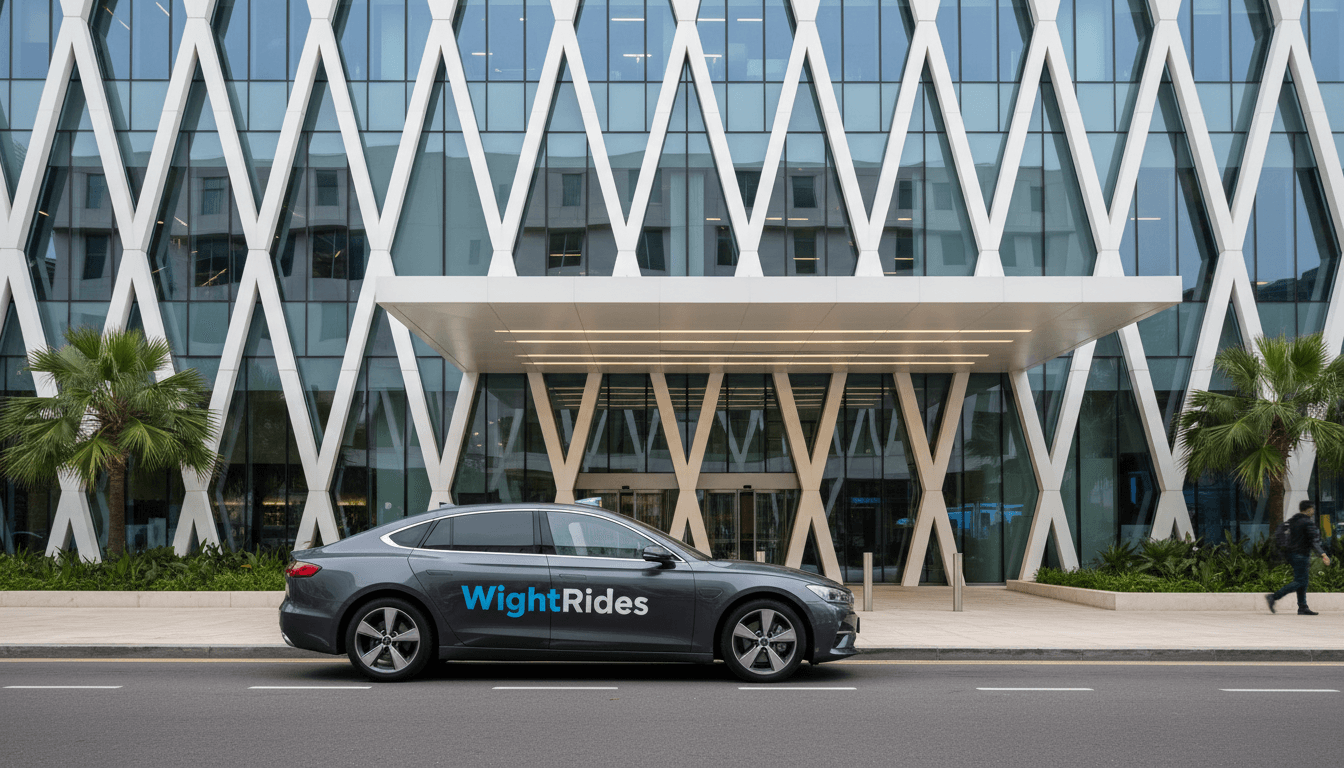 Modern taxi in front of a sleek architectural building with glass facade.