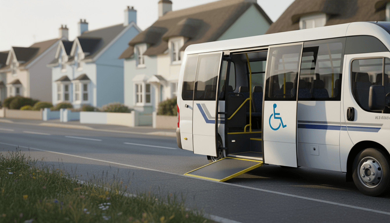 Wheelchair-accessible minibus with ramp extended on a sunny Isle of Wight street