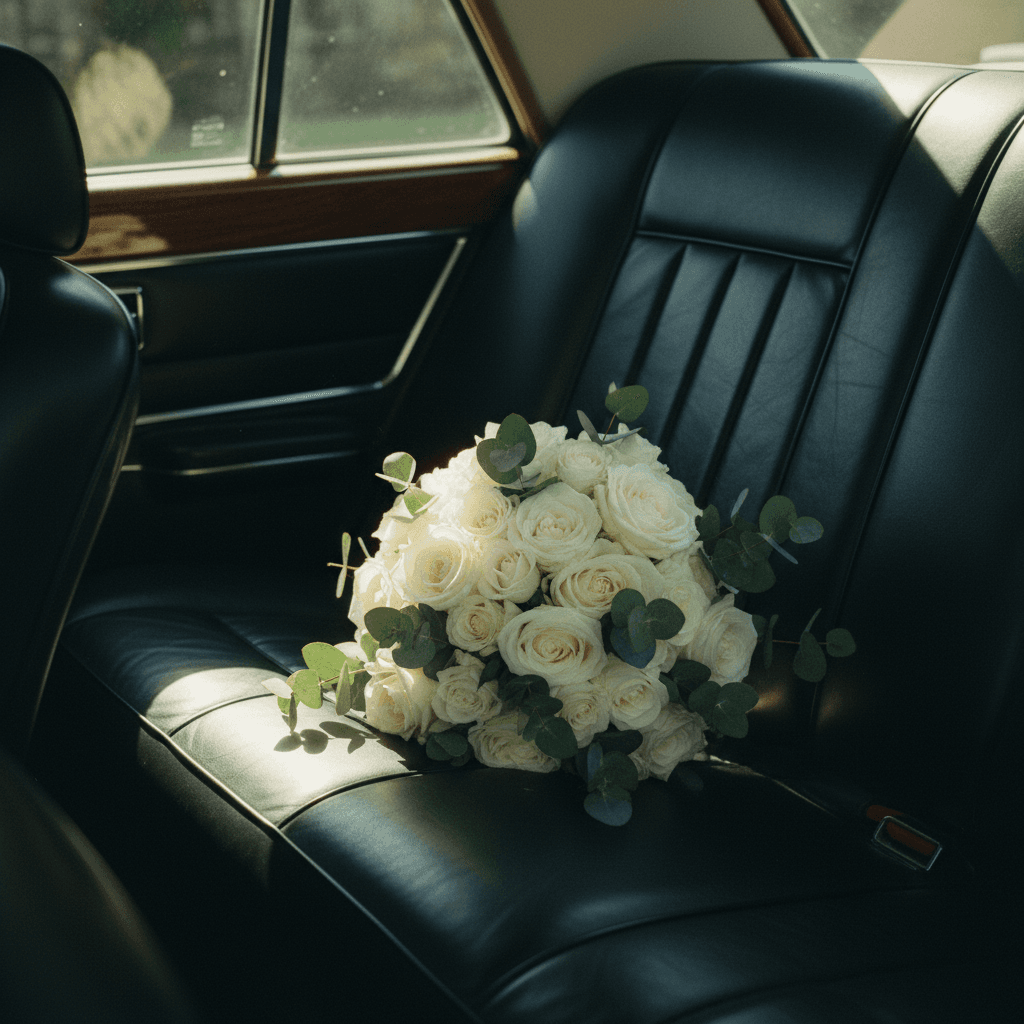 Bridal bouquet of white roses on the back seat of a car