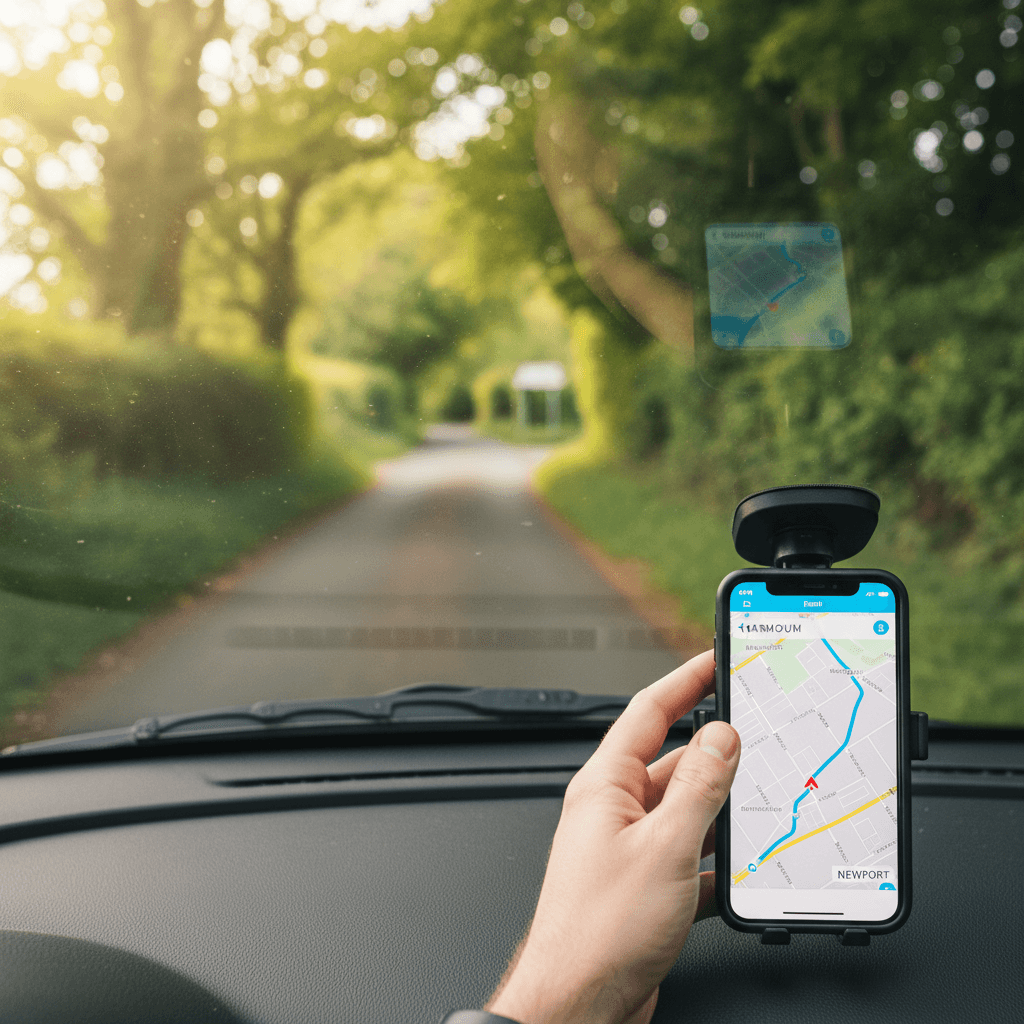Driver's hand on phone showing route map through windscreen on a Sandown road