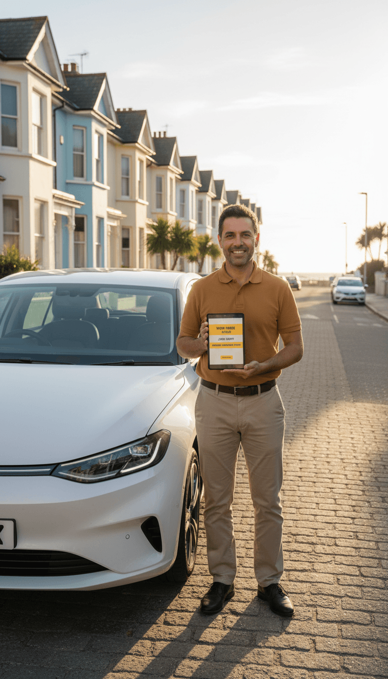 Driver next to taxi on a sunny Sandown street, ready for a hotel transfer booking