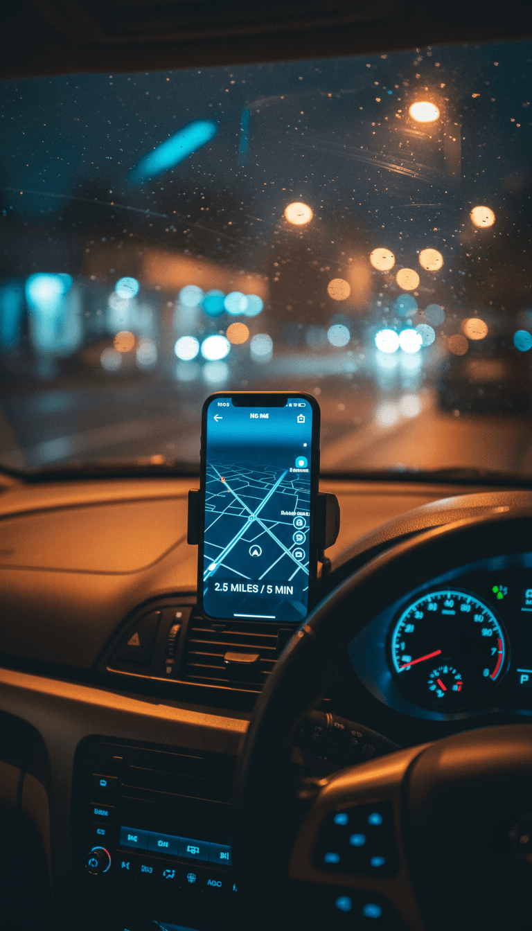 Dashboard and phone showing navigation at night