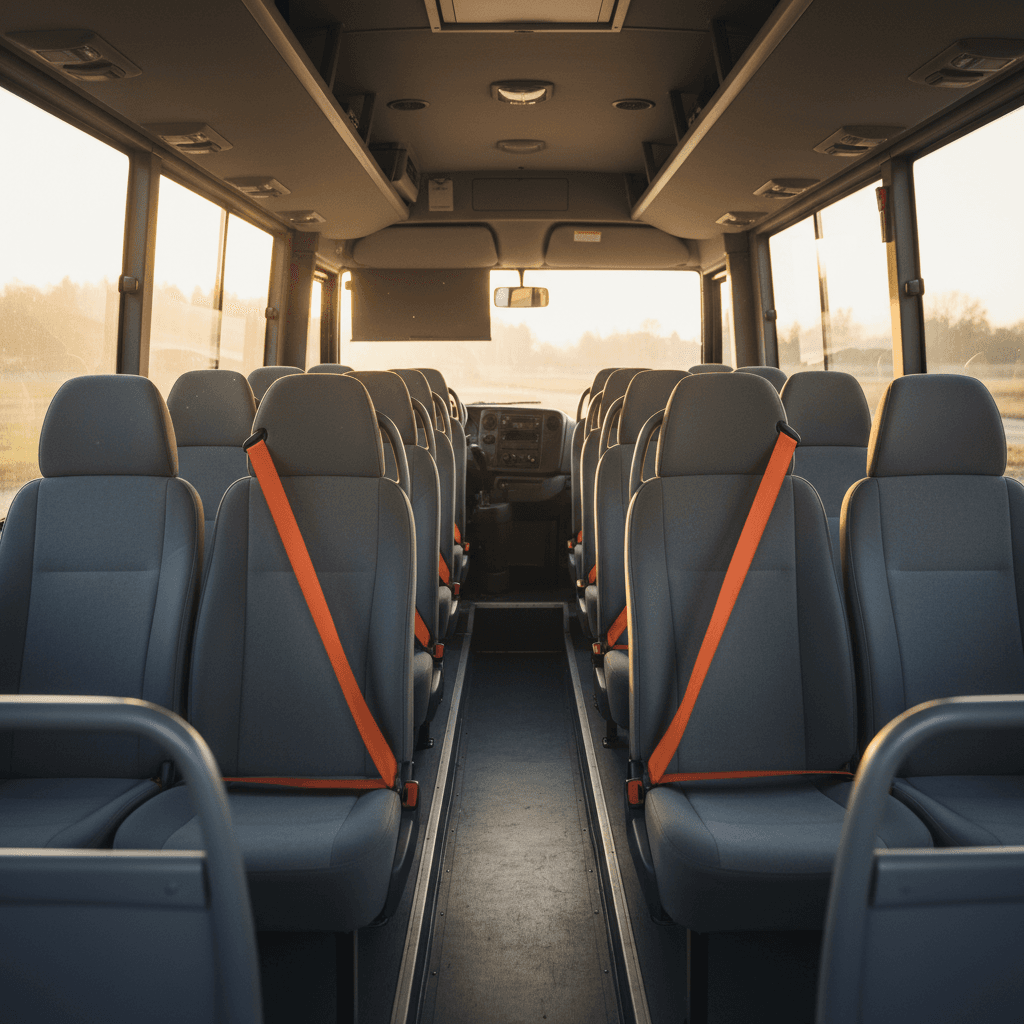 Clean minibus interior with visible seatbelts and tidy seats