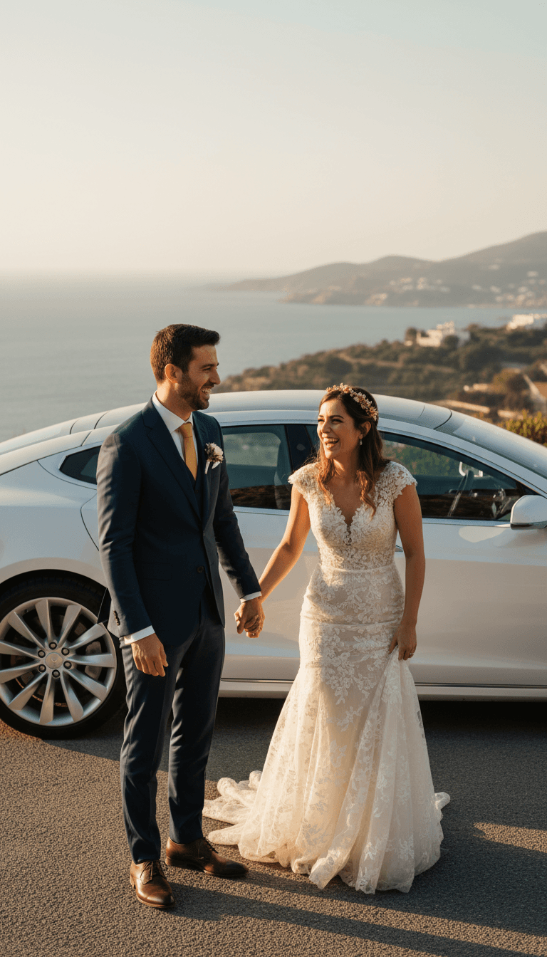 Happy couple beside a wedding car overlooking the coast