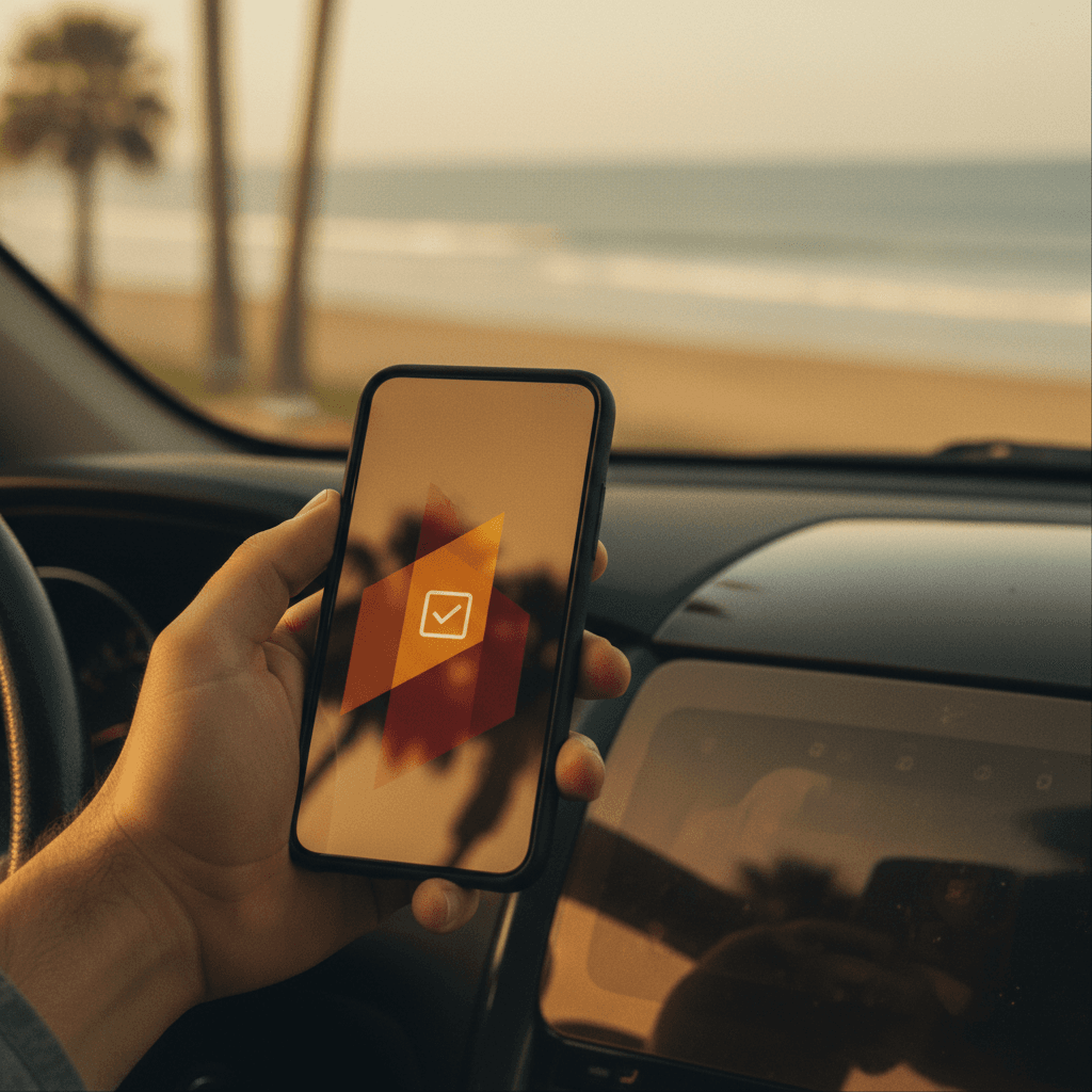 Driver holding a smartphone with a booking confirmation shown on screen.