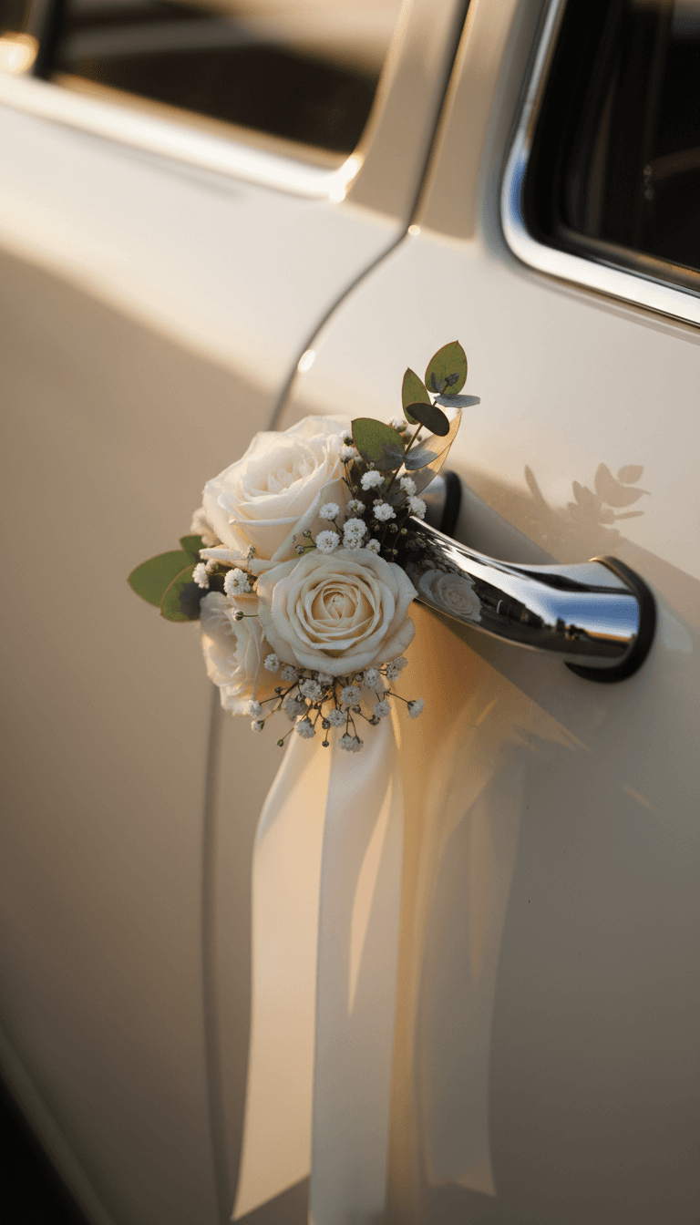 Chrome car door handle with white flowers and ribbon