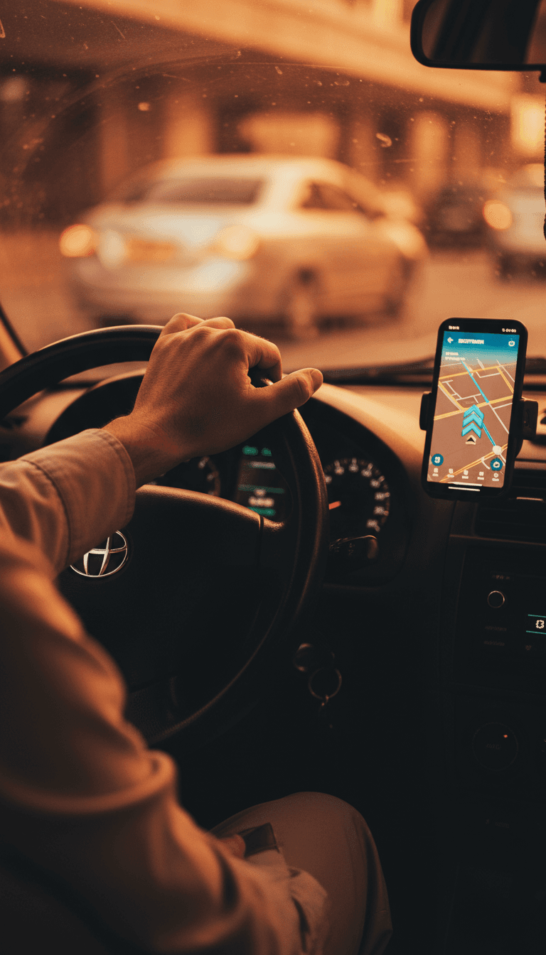 Driver's hand on steering wheel with navigation visible