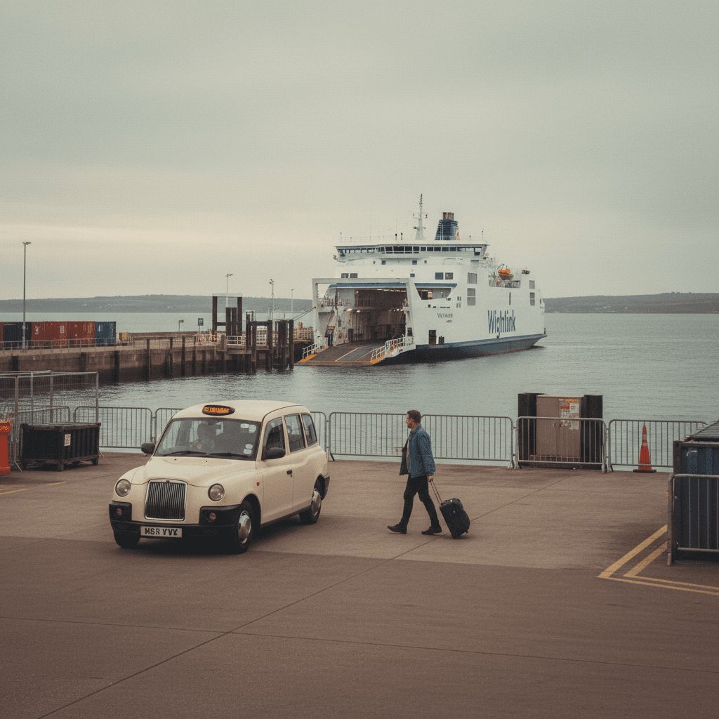 Taxi waiting at Isle of Wight ferry terminal as passenger with suitcase approaches