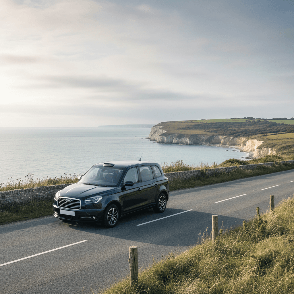A modern taxi parked on a quiet coastal road on the Isle of Wight