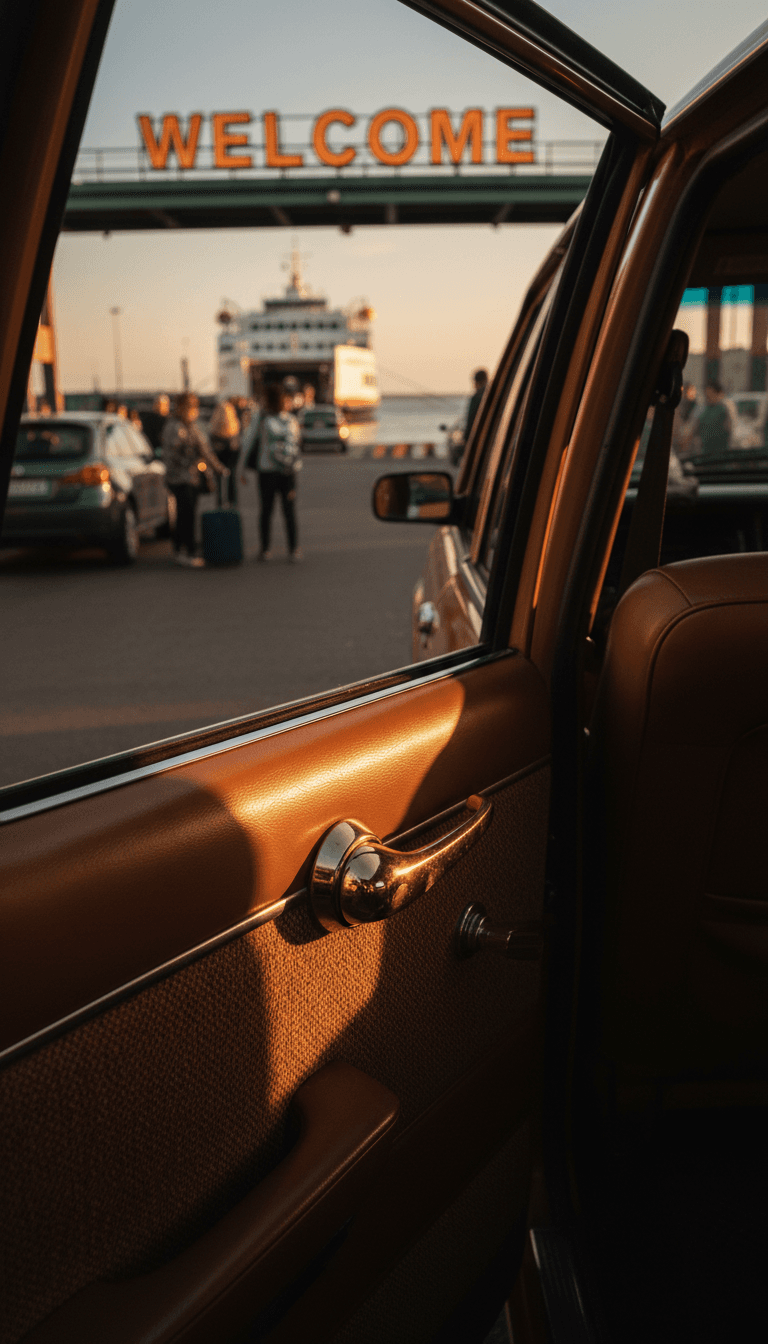 Open taxi door revealing a ferry terminal in the background