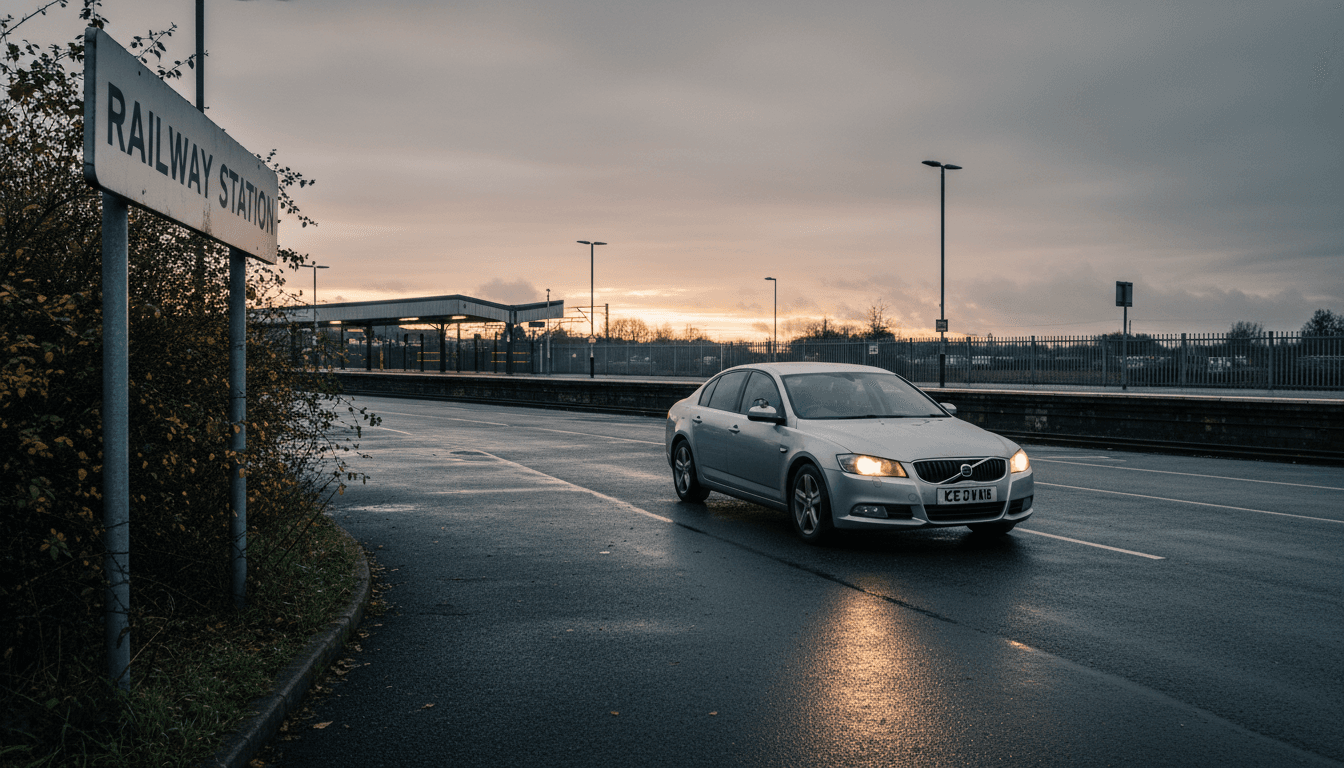 Private hire car waiting in an empty station car park with track and train platform in the background