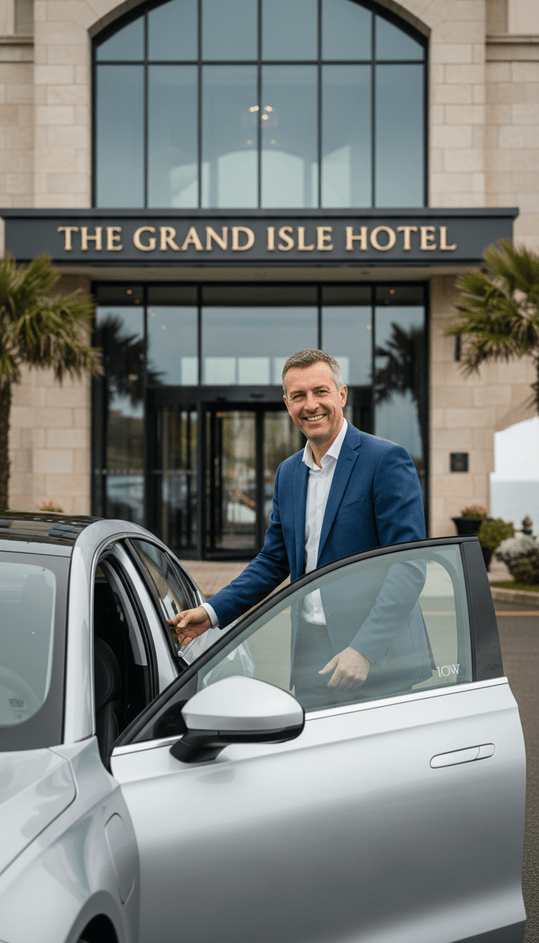 Driver holding the door open for a passenger outside a hotel