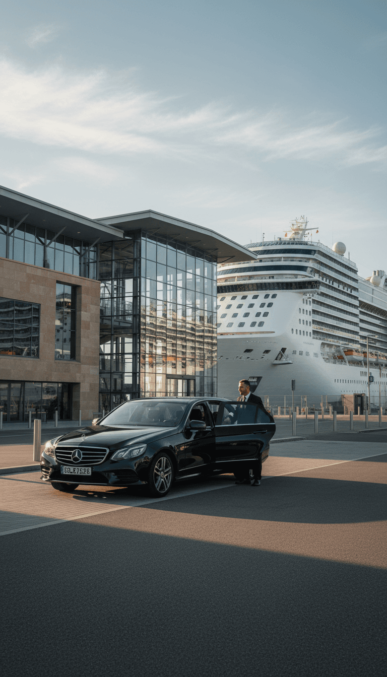 WightRides taxi parked at a cruise terminal with a ship visible behind