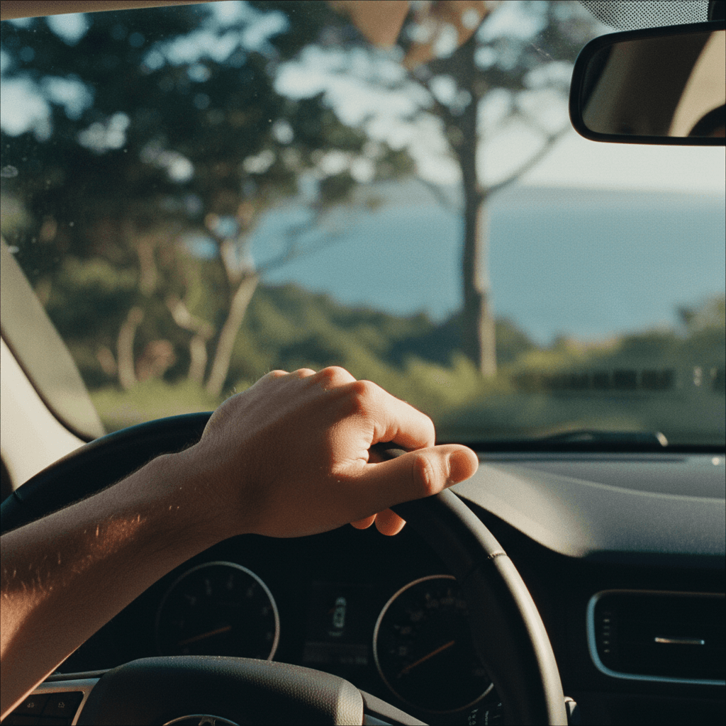 Driver's hand on steering wheel with coastal scenery through windscreen