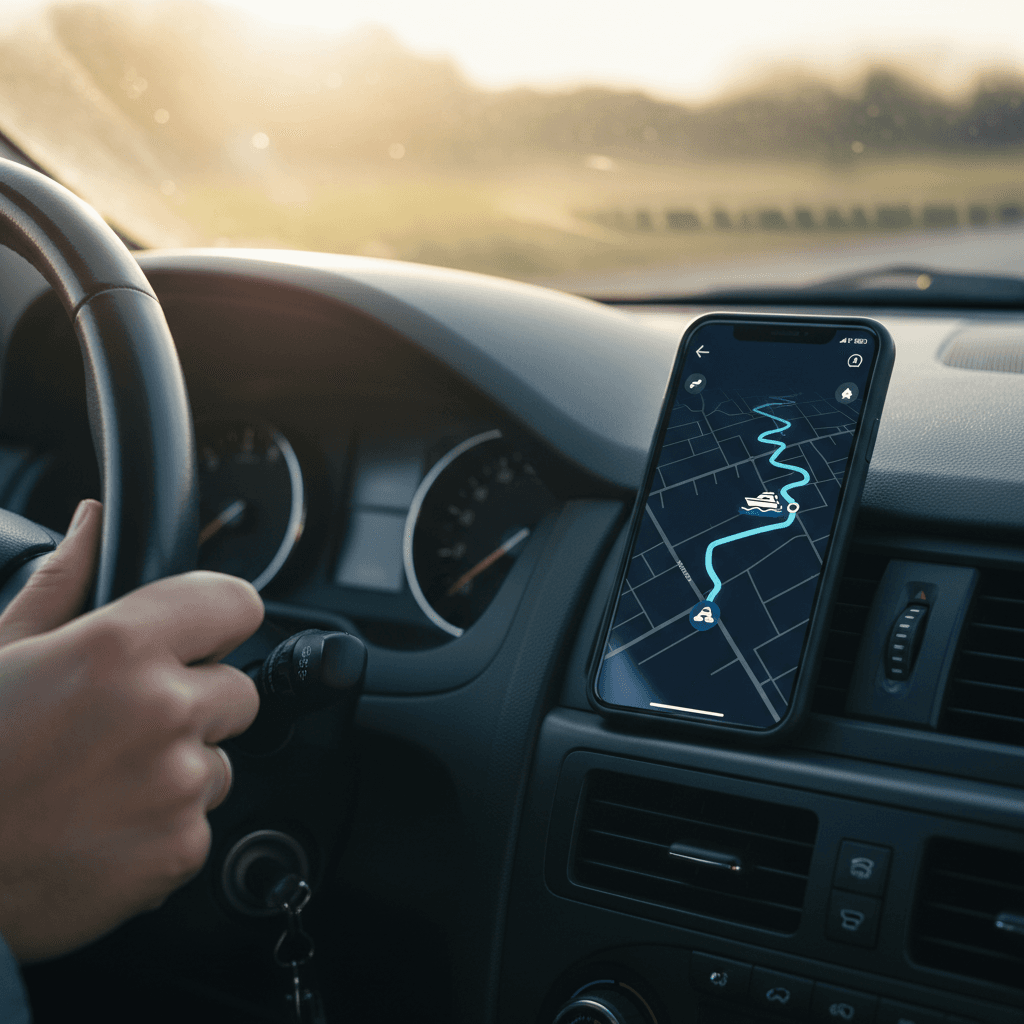 Smart phone on a dashboard showing a route to the ferry terminal