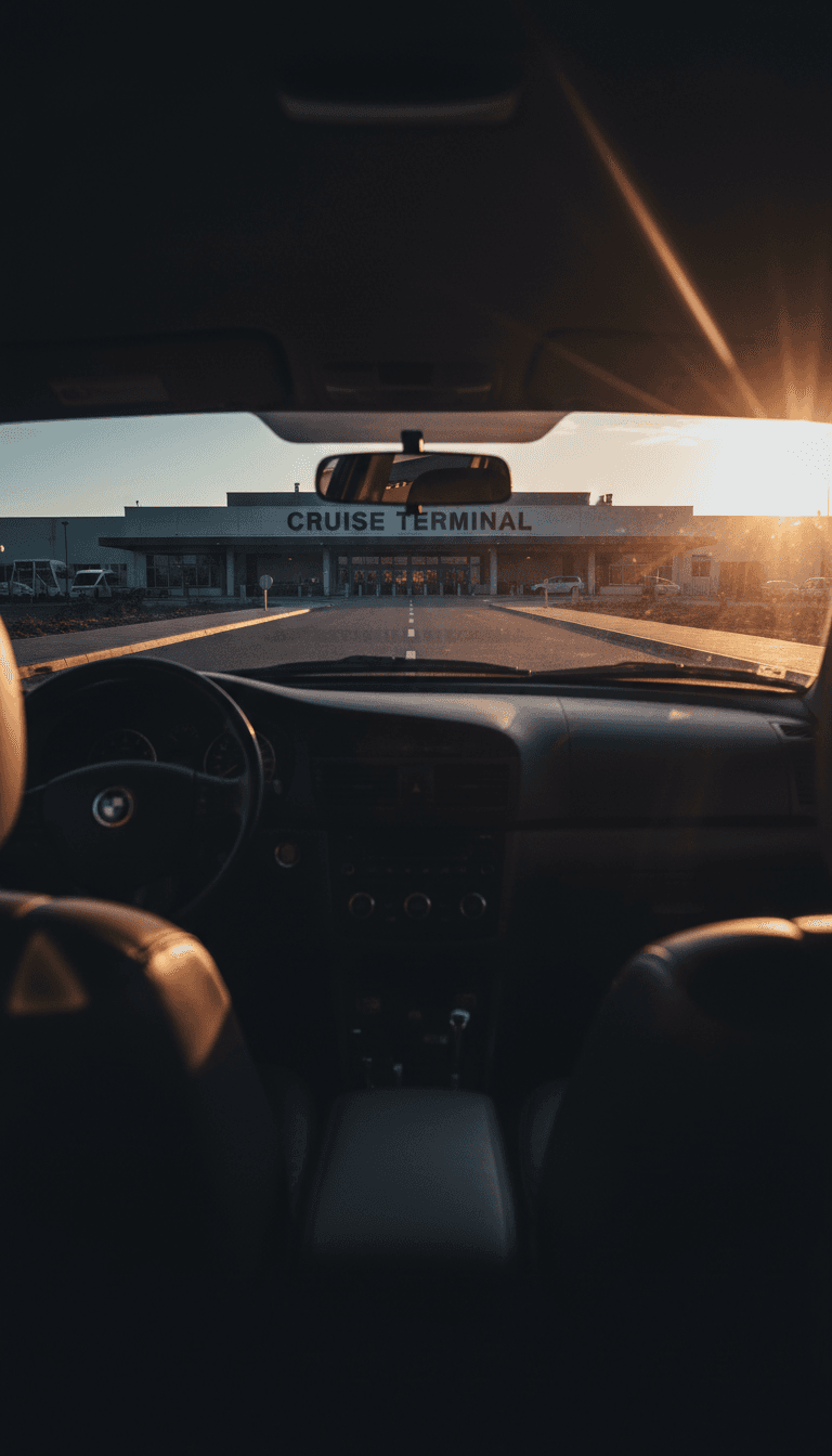 View from inside a taxi approaching a cruise terminal through the windscreen