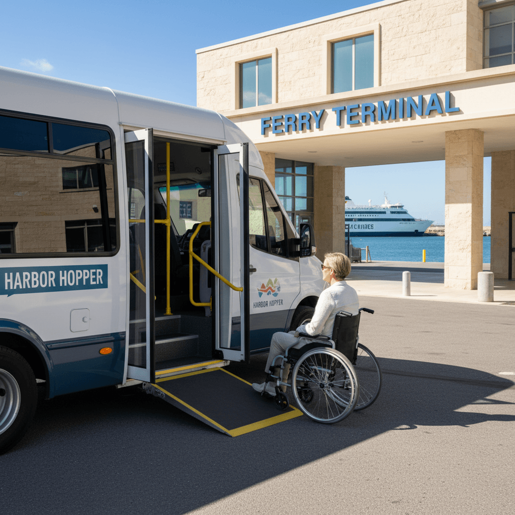 Wheelchair-accessible minibus with ramp deployed at a ferry terminal on the Isle of Wight