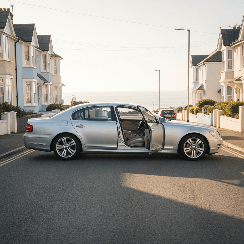 Silver saloon car parked outside a Sandown house, door open ready for a passenger