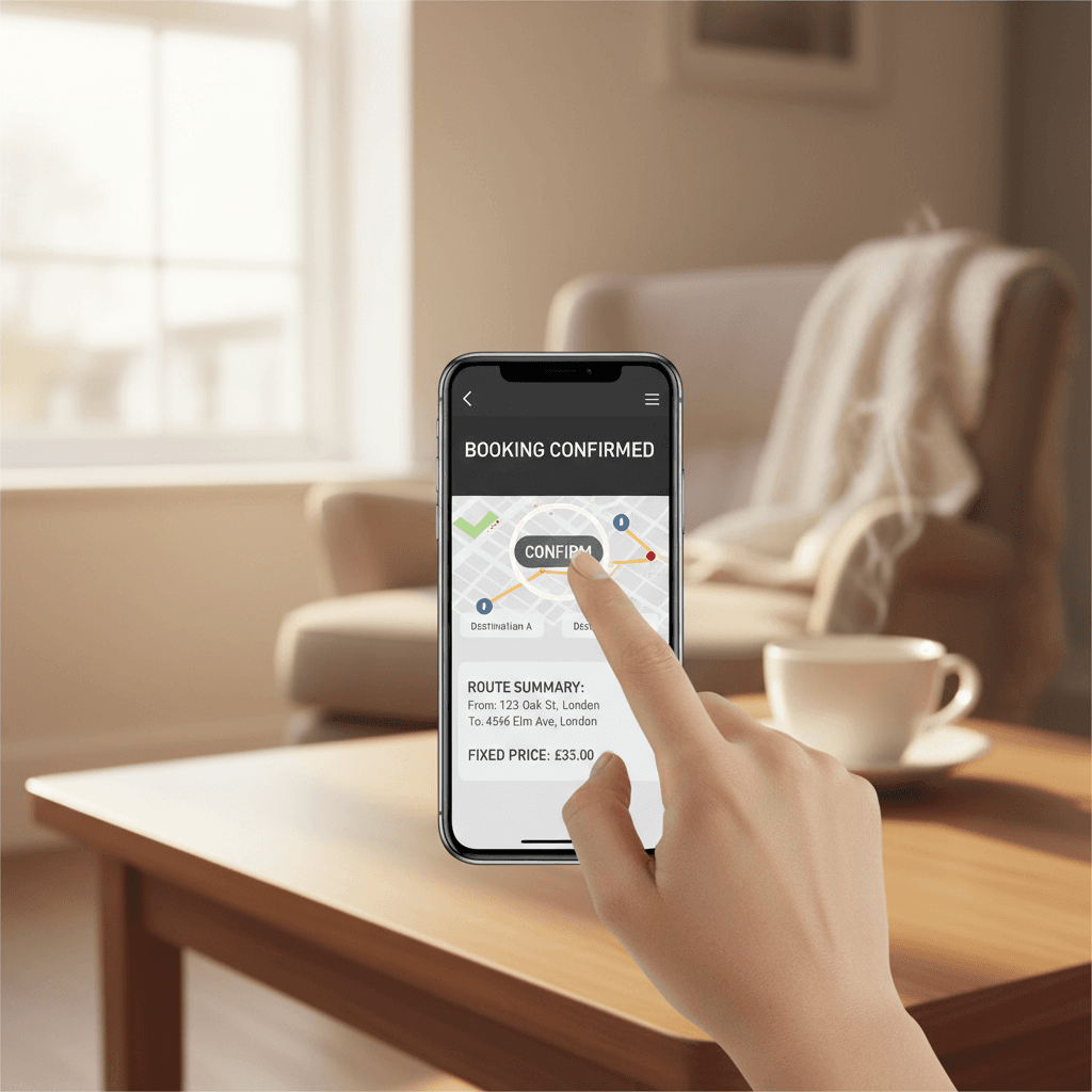Hand tapping a booking confirmation button on a smartphone