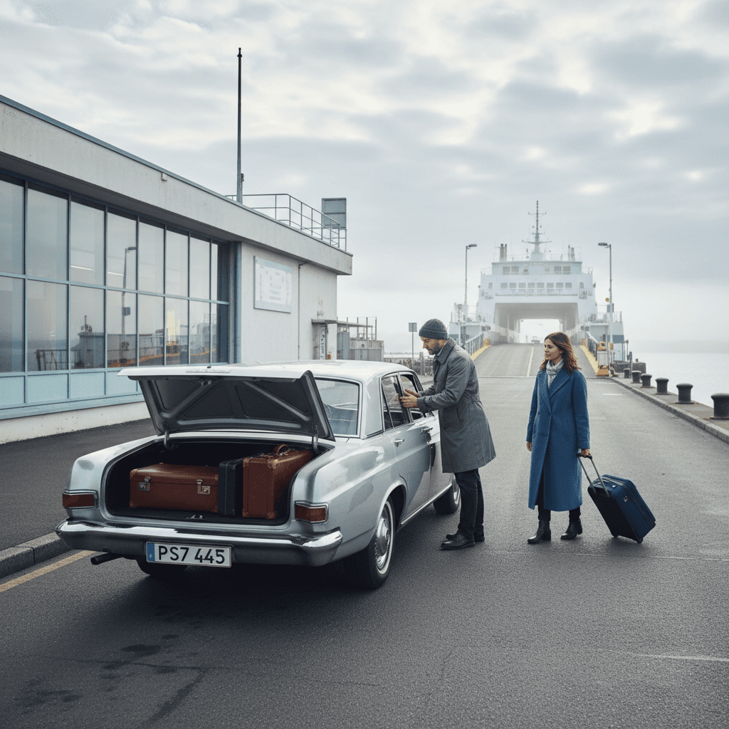 Silver car parked at ferry terminal pick-up point with driver waiting beside open boot