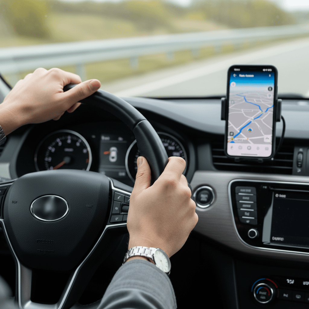 Driver's hands on steering wheel with navigation app visible on phone mount