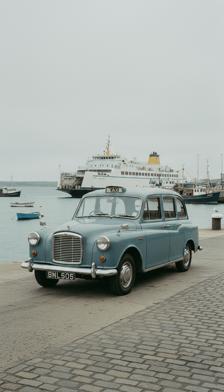 Taxi waiting at a ferry terminal with boats in the background