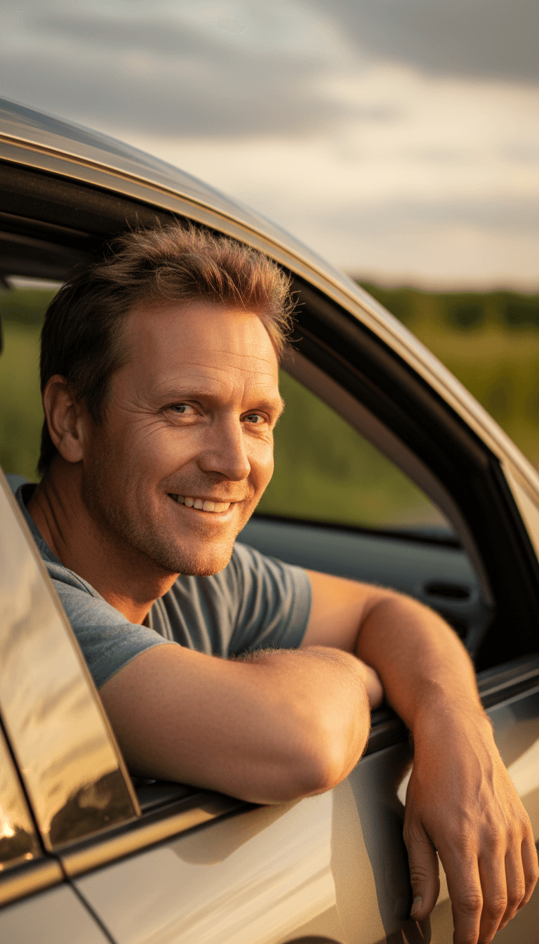 Smiling driver in his car on a country lane
