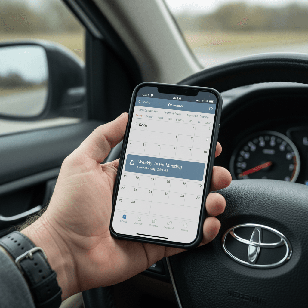 Smartphone with recurring appointment calendar entry held by a hand on a car steering wheel