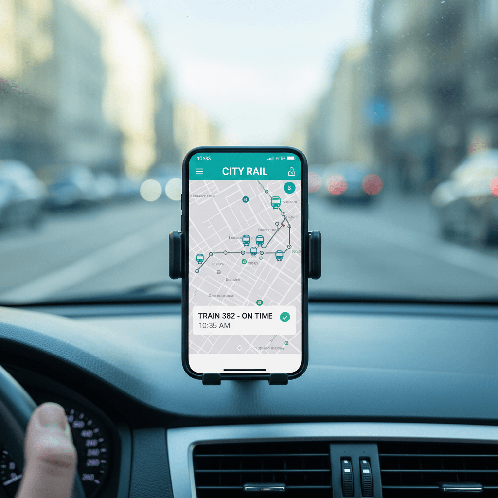Smartphone on a car dashboard showing a train tracking app
