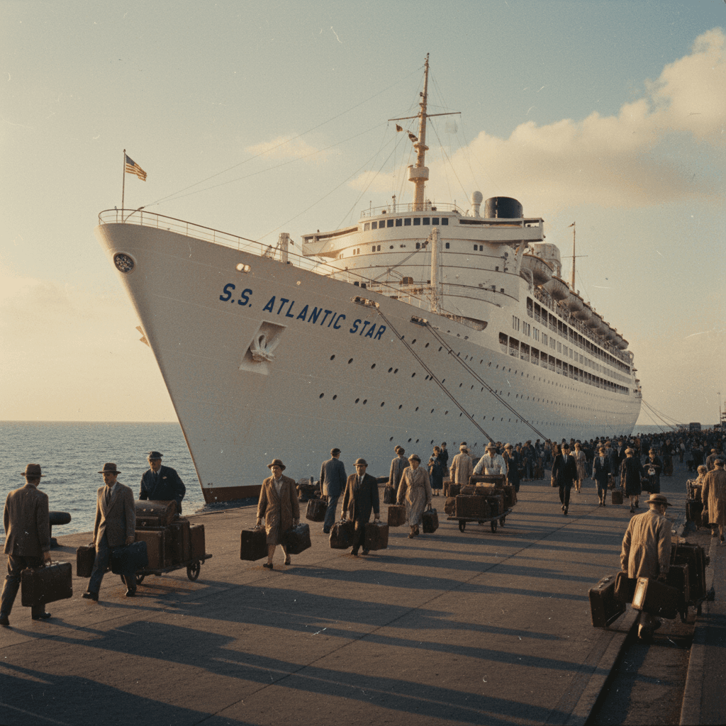 Cruise ship at terminal with passengers walking along quayside