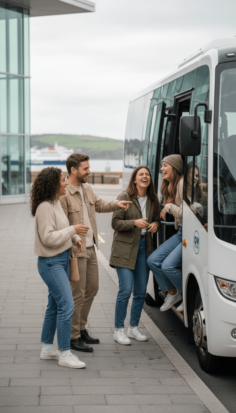A small group boarding a minibus outside a ferry terminal on the Isle of Wight