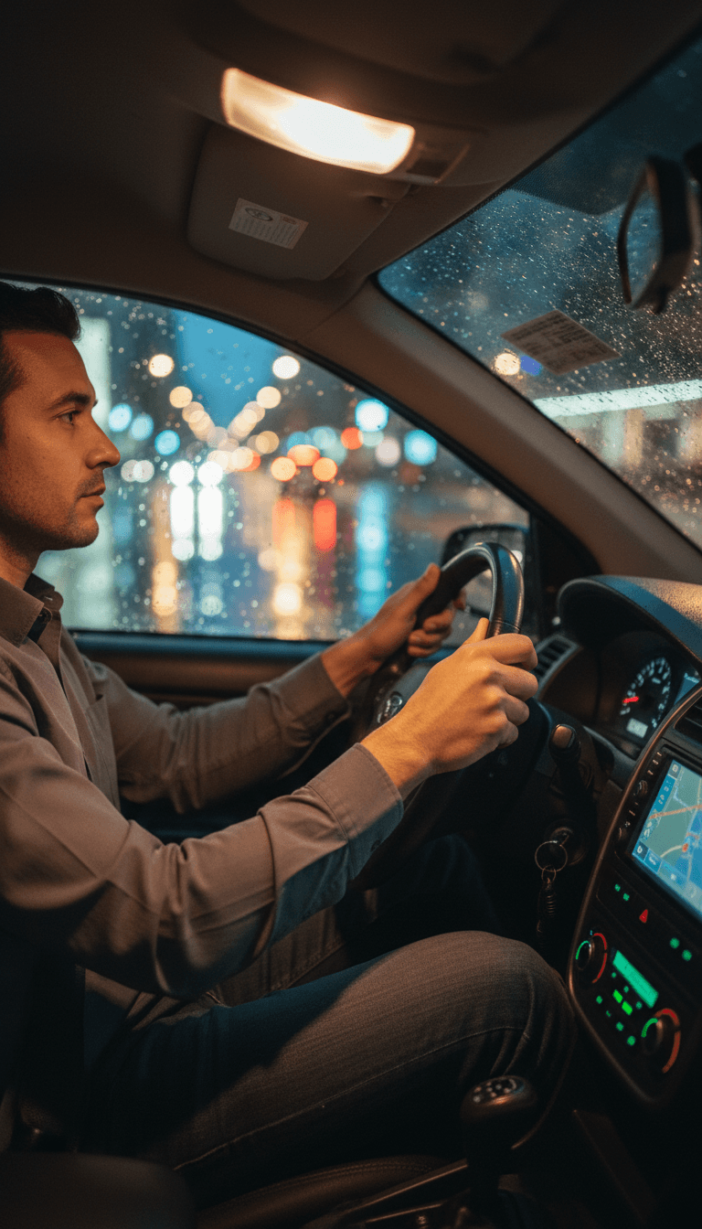 Professional taxi driver in a modern car on a coastal road at golden hour